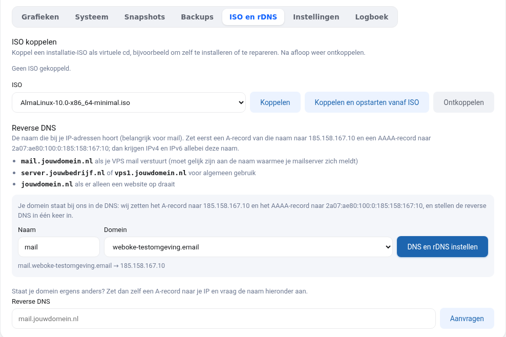 Cilne ISO un rDNS ar ISO izvēli un pogām Piesaistīt un Atvienot