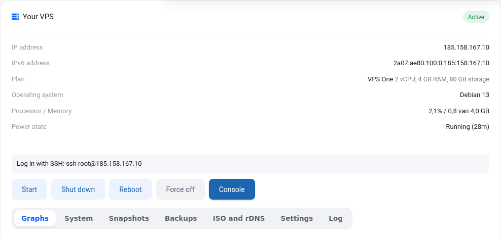 The VPS screen with the Log in with SSH line