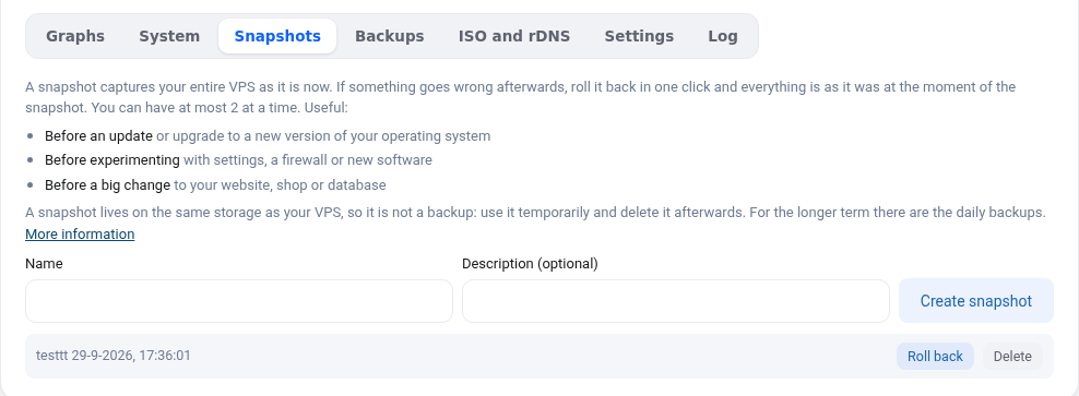 The Snapshots tab to create, roll back and delete a snapshot